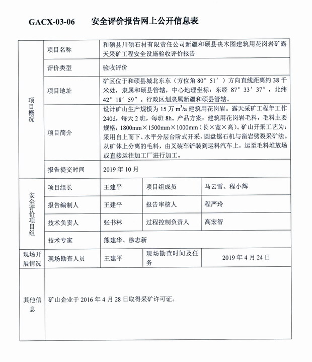 2019年10月和顺县川硕石材有限责任公司新疆和顺县决木图建筑用花岗岩矿露天采矿工程安全设施验收评价.jpg