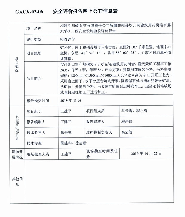 2019年11月和硕县川硕石材有限责任公司新疆和顺县坎儿洞建筑用花岗岩矿露天采矿工程安全设施验收评价.jpg