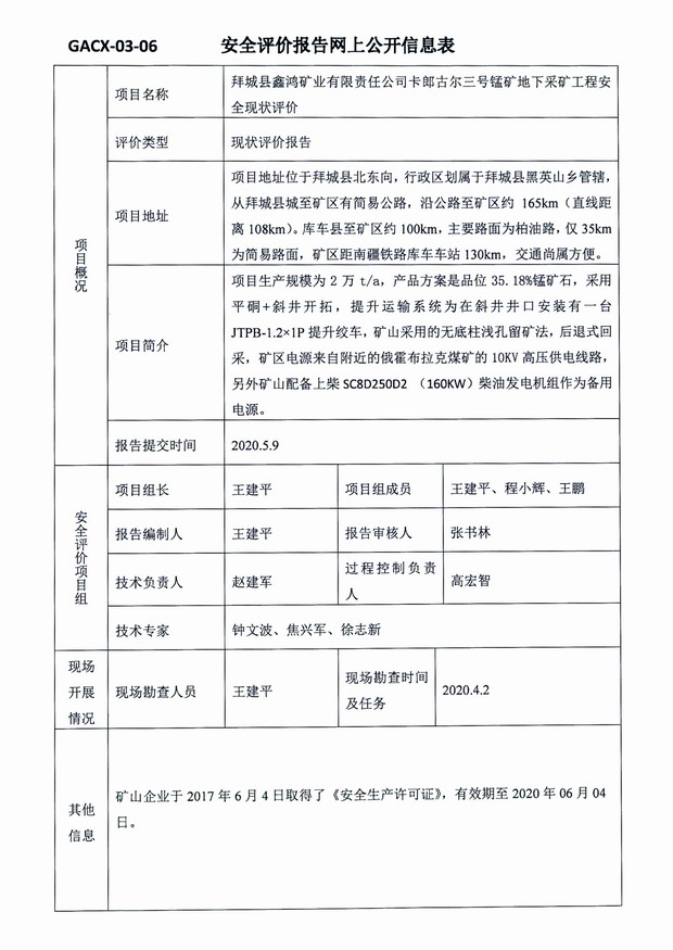 2020年5月9日拜城县鑫鸿矿业有限责任公司卡郎古尔三号锰矿地下采矿工程安全现状评价.jpg