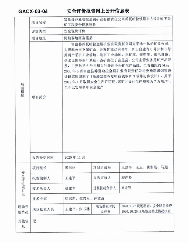 2020年11月富蕴县乔夏哈拉金铜矿业有限责任公司乔夏哈拉铁铜矿3号井地下采矿工程安全现状评价.jpg