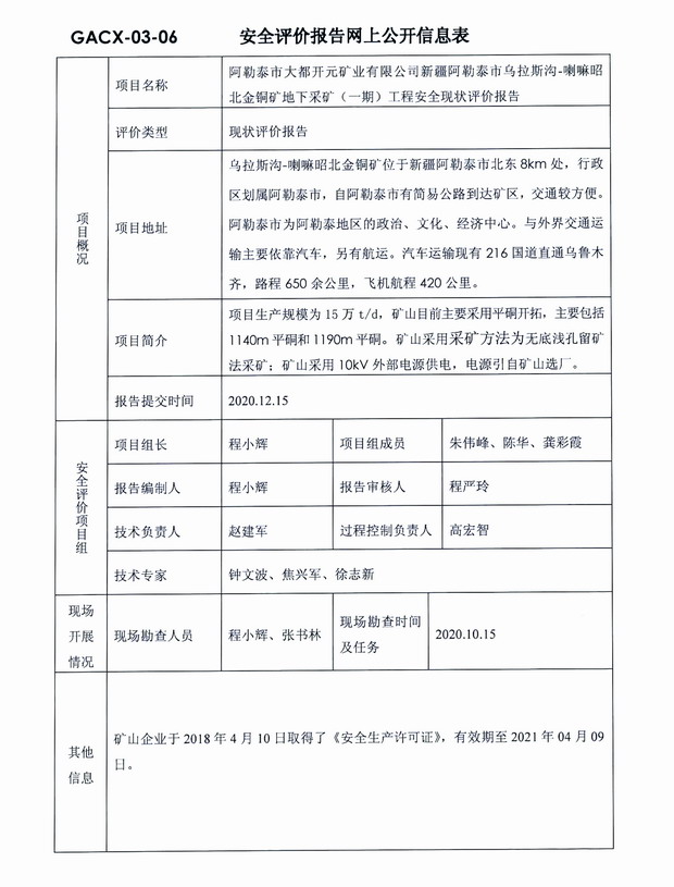 2020年12月15日阿勒泰市大都开元矿业有限公司新疆阿勒泰市乌拉斯沟喇嘛昭北金铜矿地下采矿（一期）工程安全现状评价.jpg