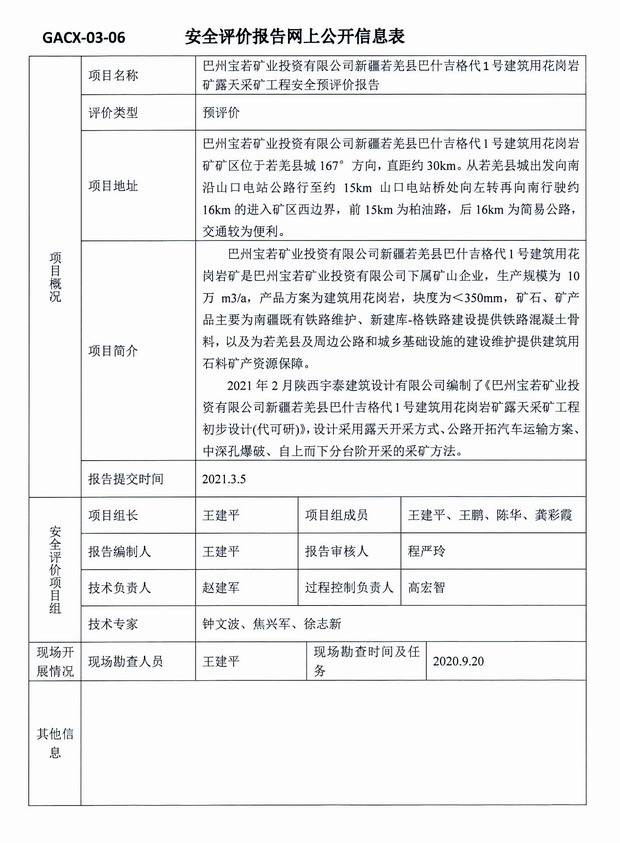 2021年3月5日巴州宝若矿业投资有限公司新疆若羌县巴什吉格代1号建筑用花岗岩露天采矿工程安全预评价报告.jpg