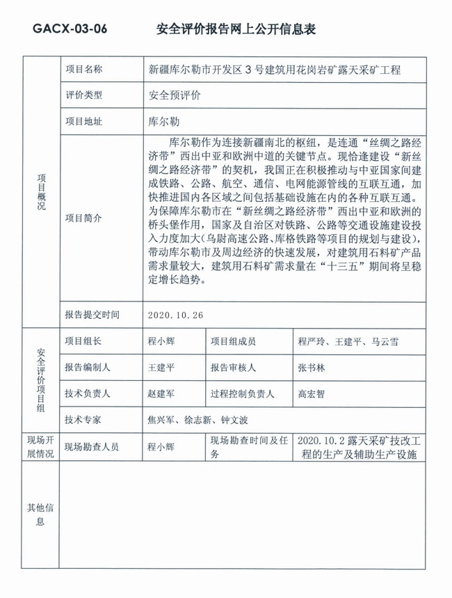 20201030新疆库尔勒市开发区3号建筑用花岗岩矿露天采矿工程安全预评价.jpg